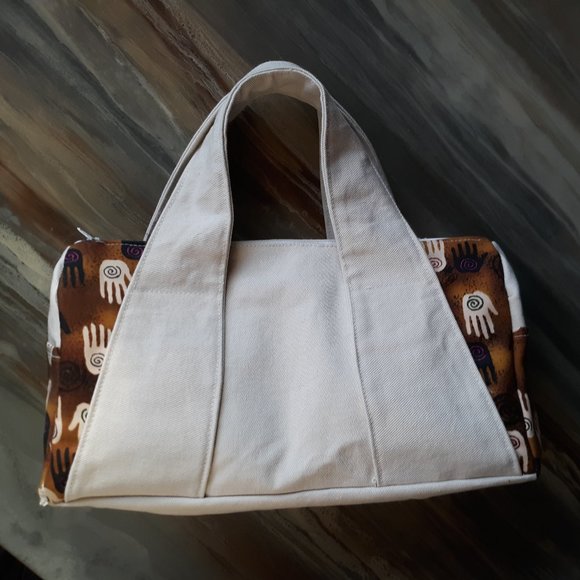 Hamsa Hands Boho vibe Purse Double handle Brown Pink print Ivory denim 12x8x5" - Picture 1 of 8